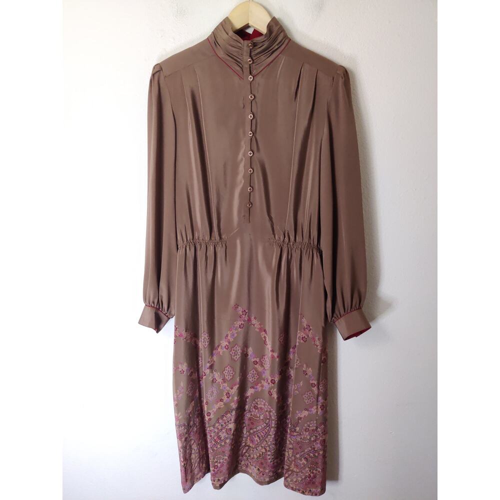 Francesca of Damon For Starington 1980's Vintage Tan Silk Button Shirt Dress 12